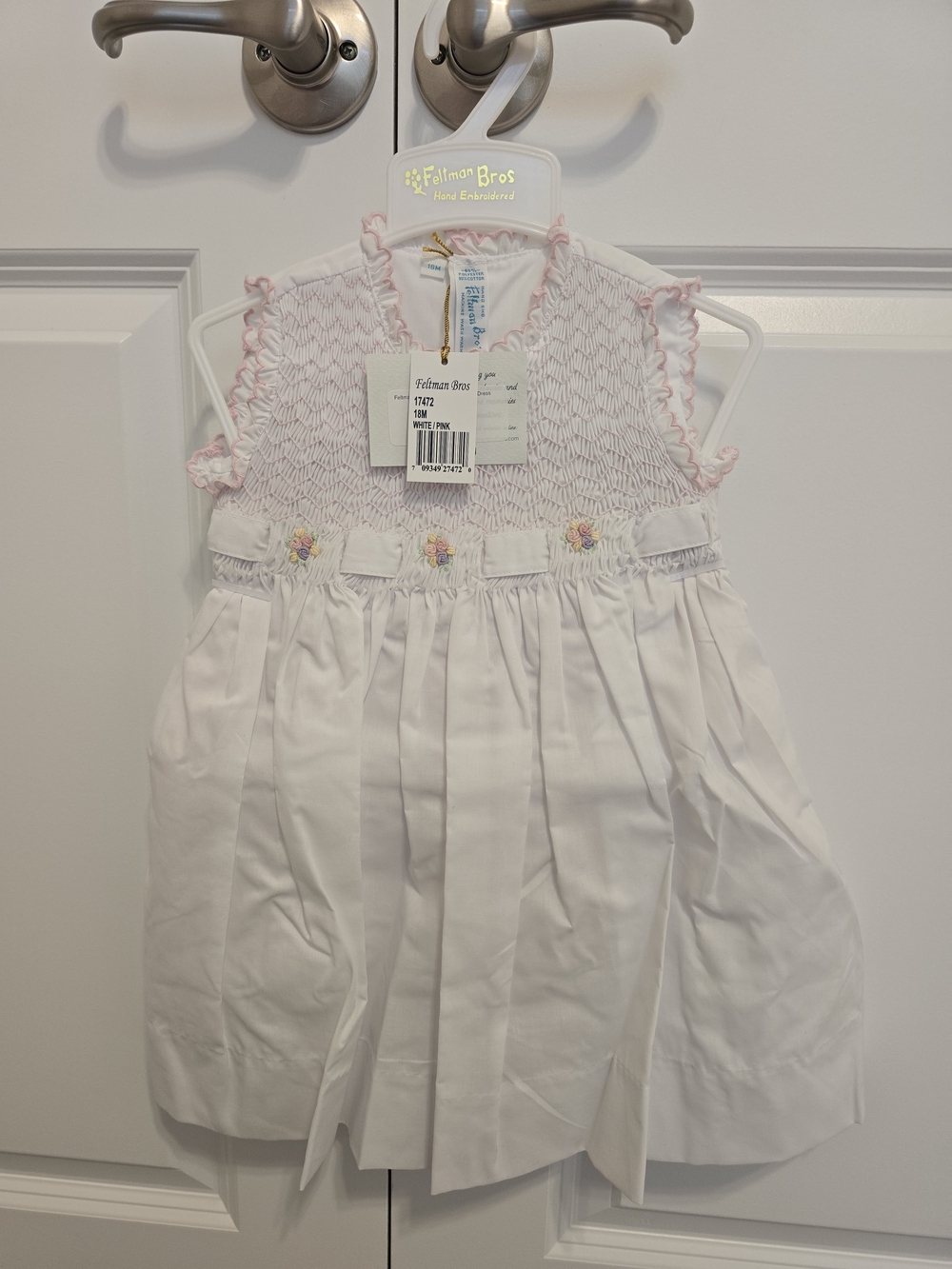Fallman Bros White & Pink Smocked Sleeveless Kids Dress